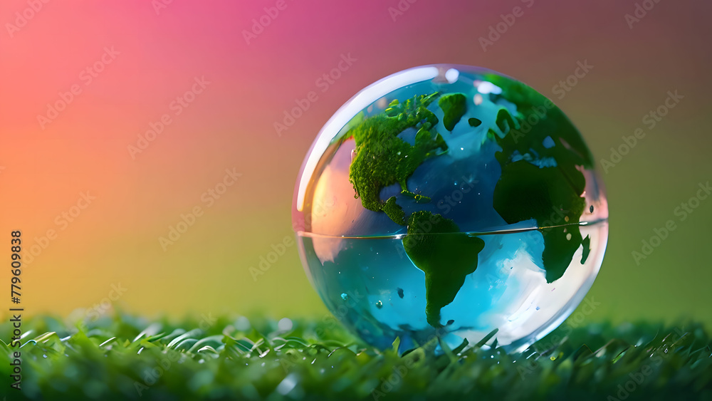 Earth crystal glass globe ball on green sunny background. The concept of wildlife conservation, nature protection, save environment
