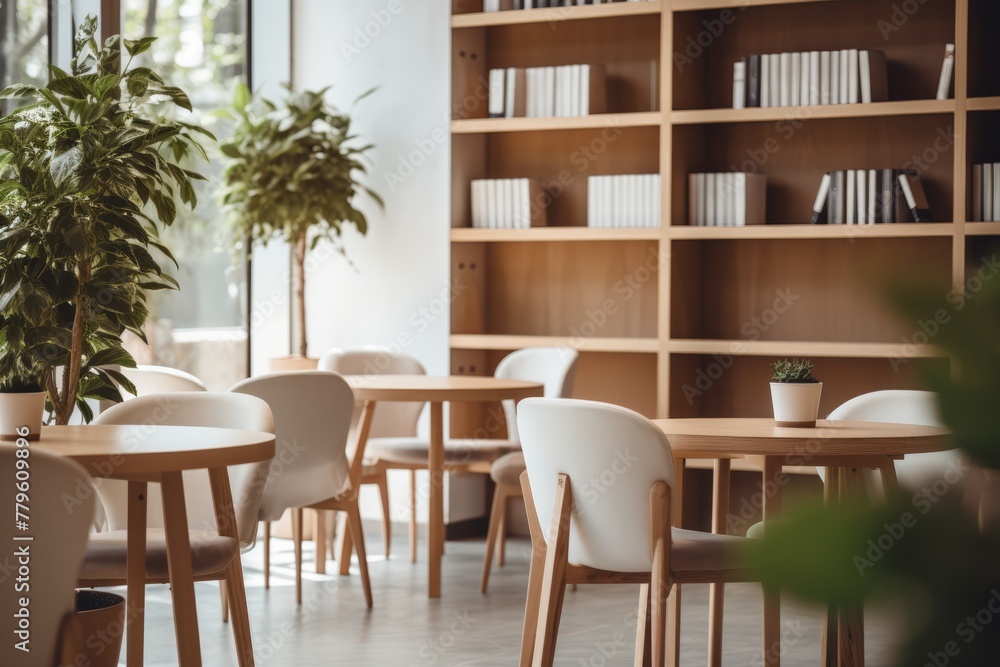 Minimal style coffee shop Decorated in white tones wooden furniture Customers are sipping coffee and reading books. Minimal style coffee shop Decorated in white tones wooden furniture Customers are sipping coffee and reading books.