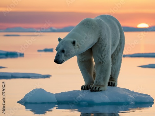 Polar bear standing on ice in the Arctic region.