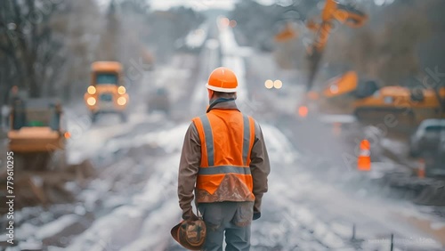 an engineer with helmet in his hand controlling the operation. very big 20 lane highway construction operation in the background,generative ai