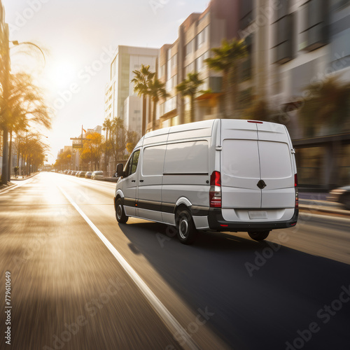 White transport Van back view without brand driving fast in an empty street with a warm morning light