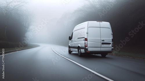 White transport Van back view without brand driving fast on a countryside road with a dense fog in background