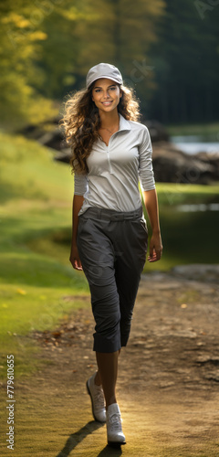 Young caucasian Woman with long curved hair and casual sport clothes with a white cap walking alone with a blurry lake coast in background