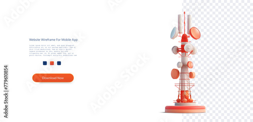 Stylized 3D Telecommunication Tower with Dishes and Antennas on Transparent. A modern 3D illustration of a telecommunication tower with various antennas and dishes, isolated on a transparent backgroun