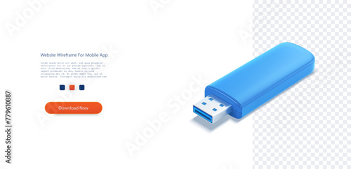 Sleek Blue USB Flash Drive Isolated on Transparent Background. 3D illustration of a modern blue USB flash drive with a transparent shadow, symbolizing data storage and technology. Vector