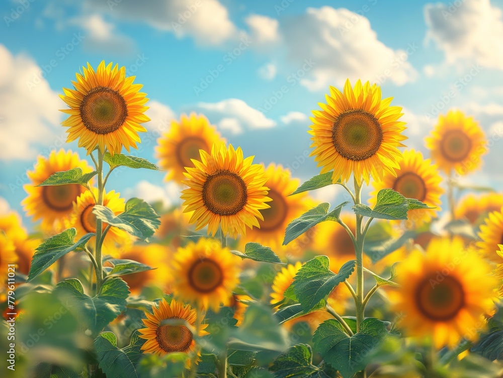 A field of sunflowers with a blue sky in the background. The sunflowers are all facing the same direction, towards the sky
