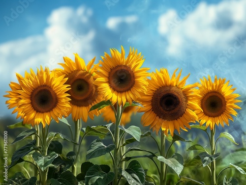 A group of five sunflowers are standing in a field. The sunflowers are all facing the same direction, towards the sky. The sky is blue with some clouds © MaxK