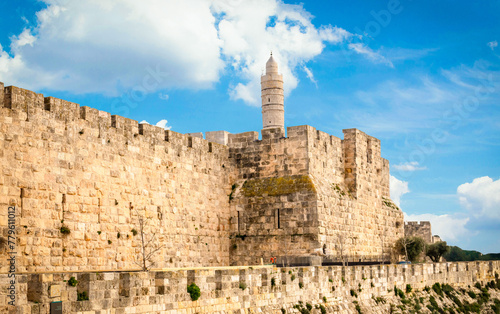 Tower of David, Cittadela, blue sky with clouds. Jerusalem, Israel April 8, 2024 © Marcio