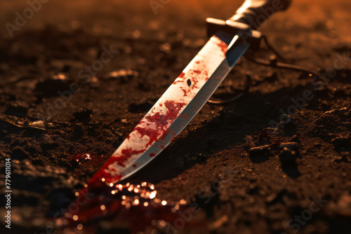 Bloody knife on the ground close up with space for text or inscriptions. Crime scene or murder weapon 