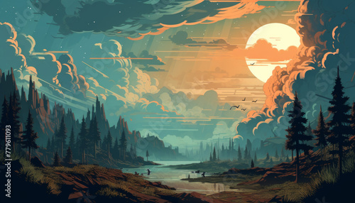 vector art illustration of sunset at the forest landscape #779611093