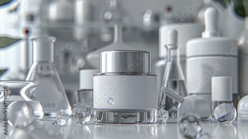 A white glass bottle  facial cream with a silver cap and label, placed on top of an all-white crystal table in front of a gray background. 