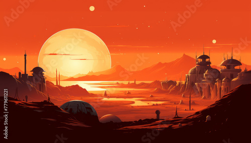 vector art illustration of sunset at the forest landscape