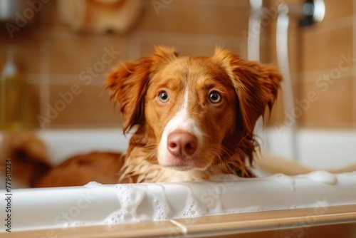 Duck Toller dog getting bathed at home