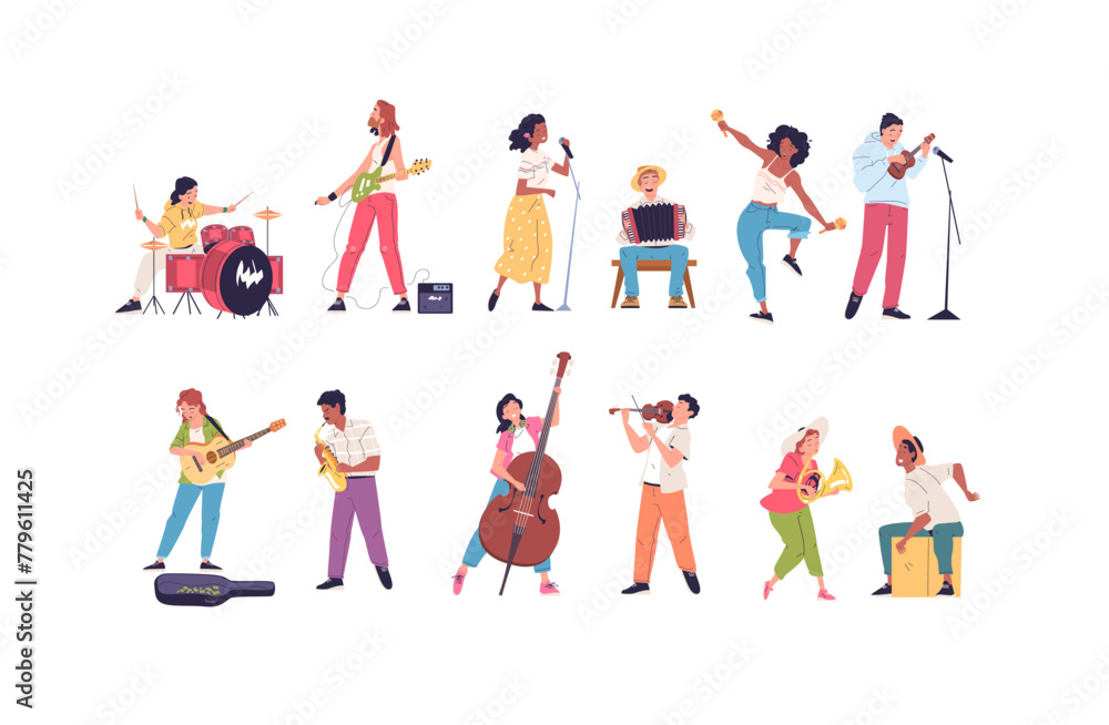 Street musician characters. Musicians people band, woman guitarist violinist, teen city musical artist playing jazz instrument, singer live voice music classy vector illustration