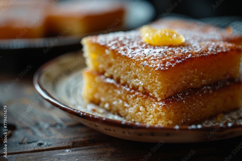 Egyptian semolina cake with orange syrup and spices focus on Basbousa Egyptian semolina cake with orange syrup and spices focus on Basbousa