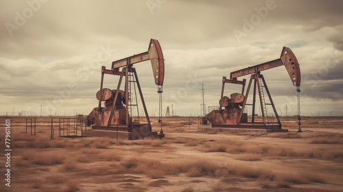 Distant photograph of working oil pumps, pumpjacks. Modern, new and clean pumps extracting raw oil.