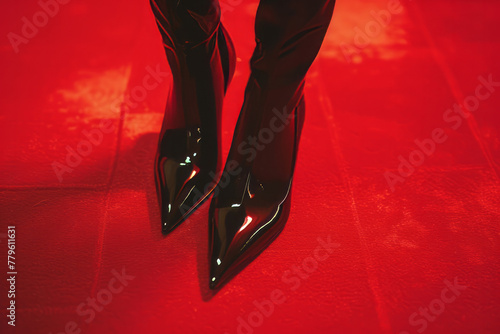 Close-up of female legs in black shoes on red boards background with space for text or inscriptions 