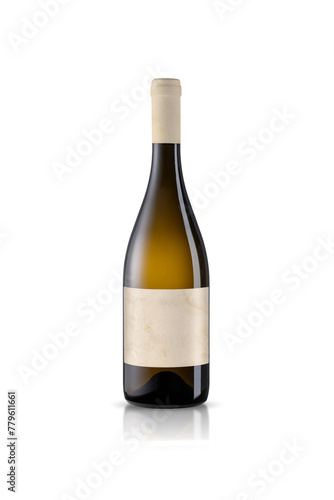 White wine bottle with blank label on white background. Easily apply your custom design on the label, including clipping path