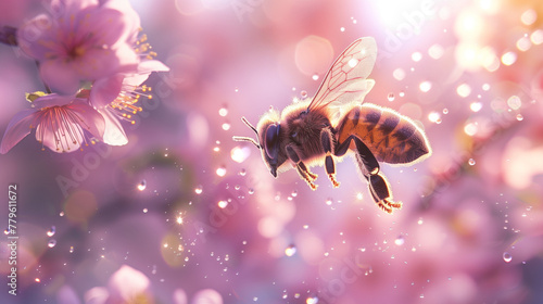Honeybee Hovering Over Blossom in Magical Light