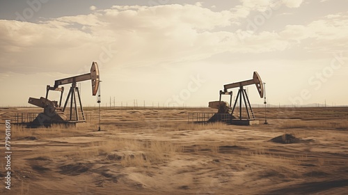 Distant photograph of working oil pumps, pumpjacks. Modern, new and clean pumps extracting raw oil.