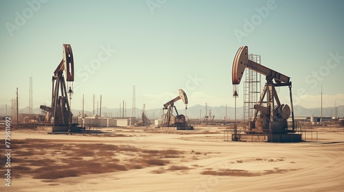 Distant photograph of working oil pumps, pumpjacks. Modern, new and clean pumps extracting raw oil. photo