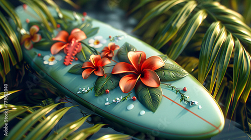 A surfboard adorned with tropical flower decals, ready to ride the ocean's rhythm.