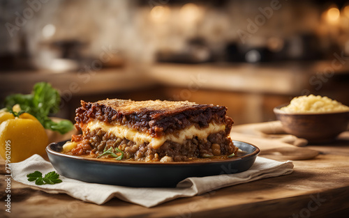 Greek moussaka, golden-baked, side view, bright Mediterranean kitchen setting