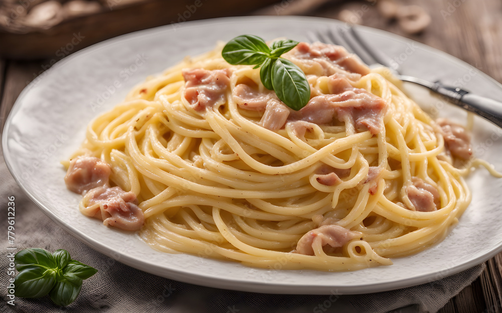 Italian spaghetti carbonara, creamy sauce, close up, white plate, wooden background