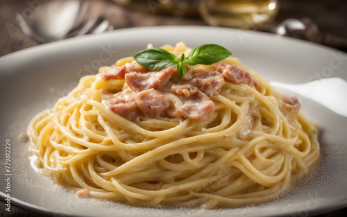 Italian spaghetti carbonara, creamy sauce, close up, white plate, wooden background