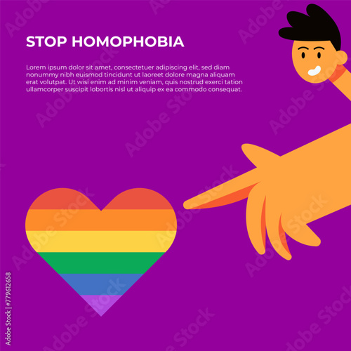 Stop Homophobia. 17 may. LGBT Pride rainbow hand protest symbol. Man points on heart. Flat vector illustration.