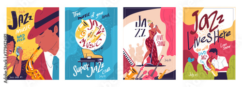 Jazz musicians flyers. Musicians band performance flyer, retro music festival modern poster trumpet saxophone piano performer blues singer