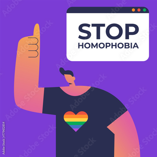 Stop Homophobia. 17 may. LGBT Pride rainbow hand protest symbol. Boy points on web widow. Flat vector illustration.