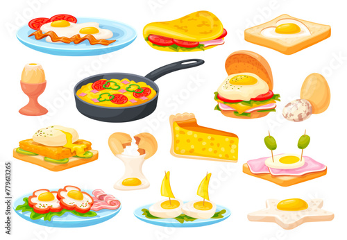 Cooked eggs dishes. Boiled fried egg cooking different food, scrambled omelette on plate breakfast tasty dish toast cheese ham lunch