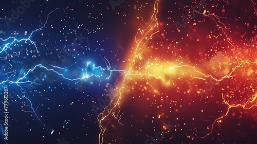 A versus banner adorned with fire sparkles and lightning strikes, set against a red and blue background, editable vector illustration for vibrant confrontations photo