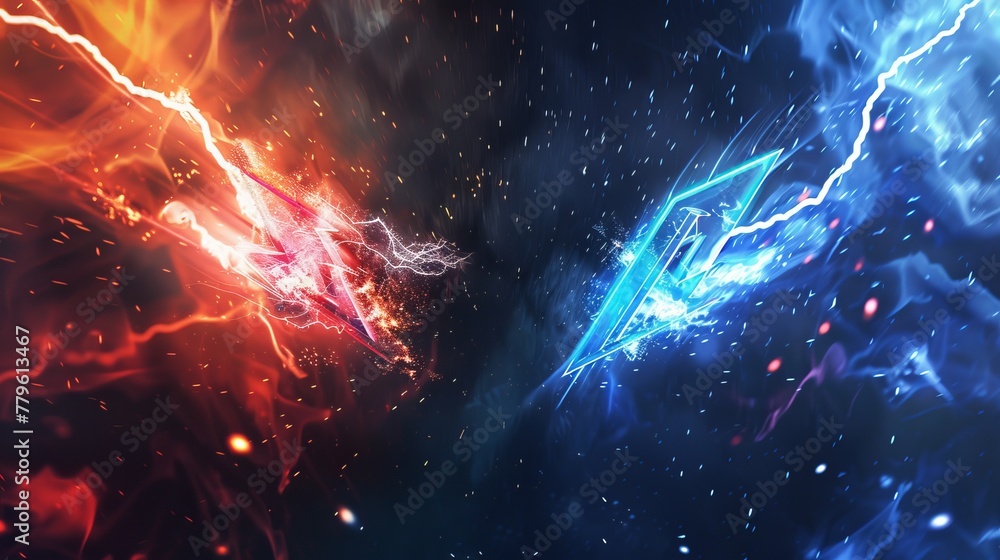 A versus logo set against a holographic background with lightning and flashes, designed for cyber sport tournament screens A versus logo set against a holographic background with lightning and flashes, designed for cyber sport tournament screens