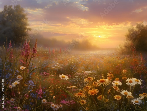 A field of flowers with a sun in the sky. The sun is setting and the sky is a mix of orange and pink. The flowers are in full bloom and the field is lush and green