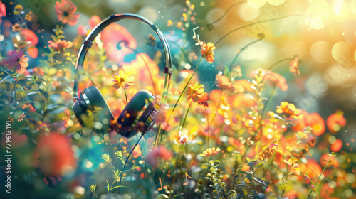 Background with a bouquet of flowers emerging from the ear cups of a pair of headphones with free place for text. Music, podcast concept banner photo