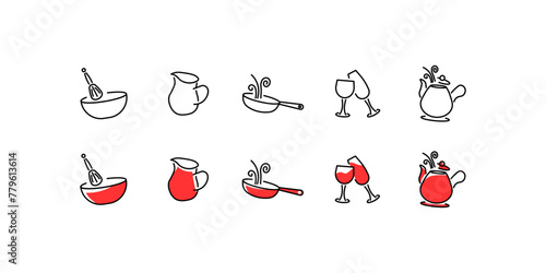 Kitchen utensils icon set. Different styles, mixer, decanter, frying pan, glasses, kettle kitchenware icons. Vector icons