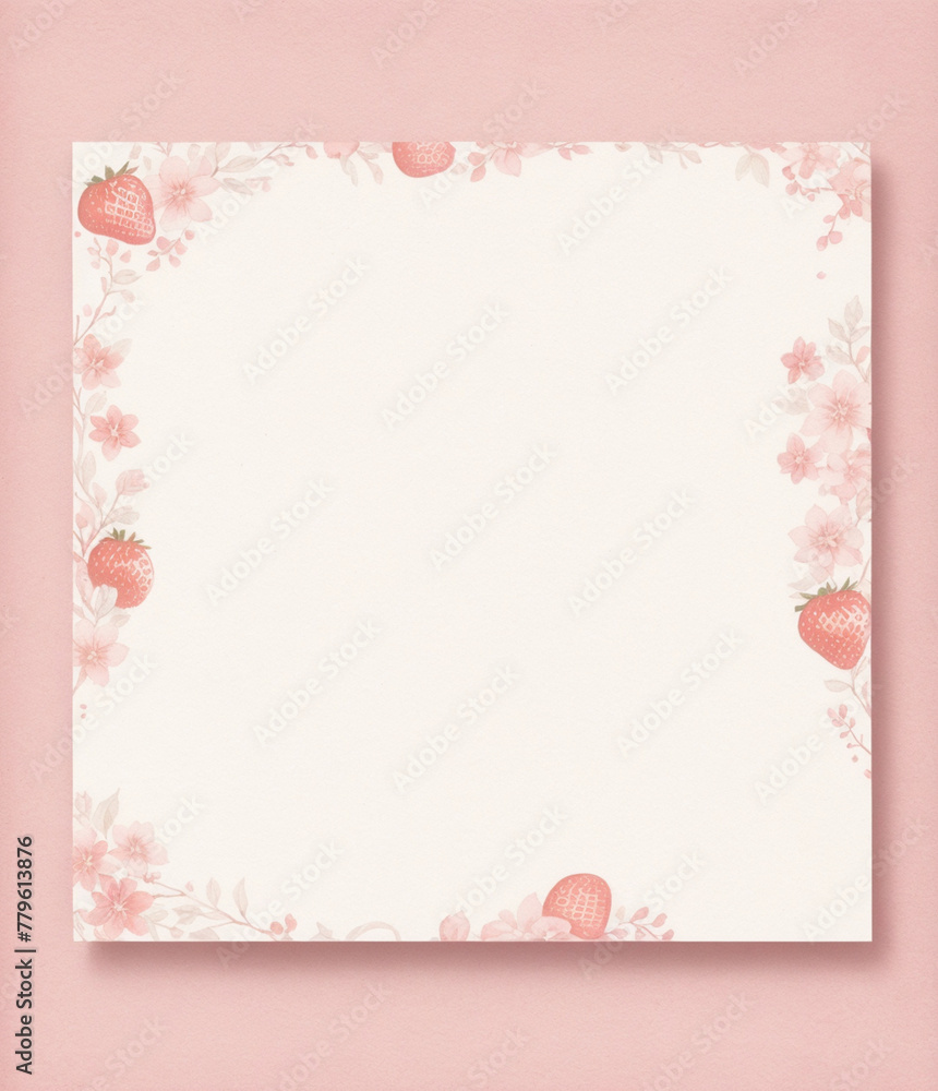 Pink background with frame for text. Frame with berries. Pattern around the edges with berries.