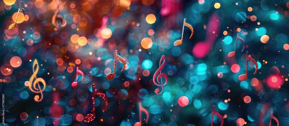 Music notes symbols on glowing blurred lights bokeh background. Concert, karaoke or performance concept banner - obrazy, fototapety, plakaty 