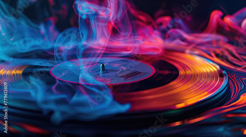 Vinyl record spinning on a turntable background with smoke in neon colours. Music, DJ concept banner
