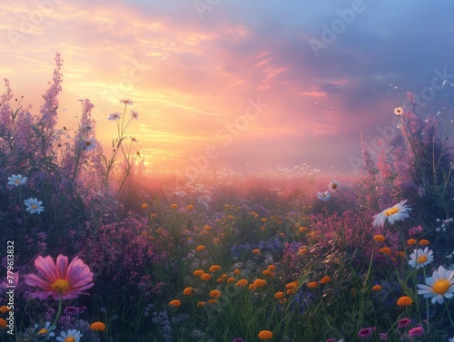 A field of flowers with a beautiful sunset in the background © MaxK