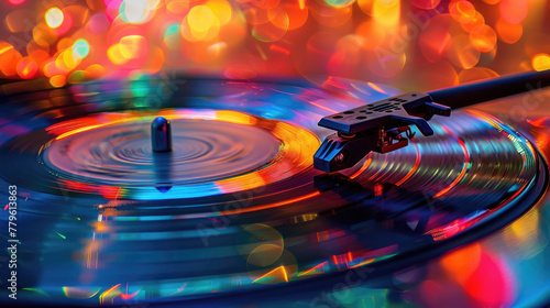 Vinyl record spinning on a turntable background with smoke in neon colours. Music, DJ concept banner photo