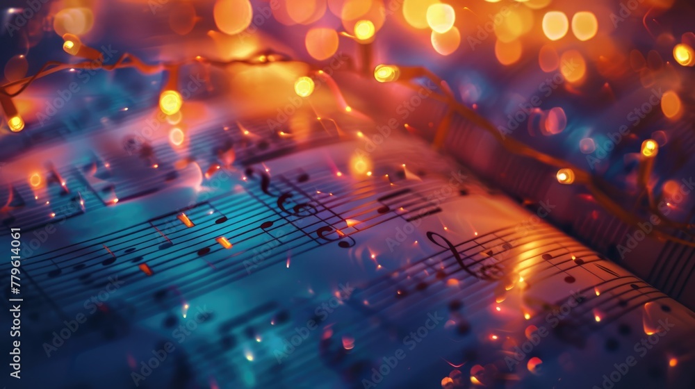 Glowing music sheets notes on beautiful lights bokeh background