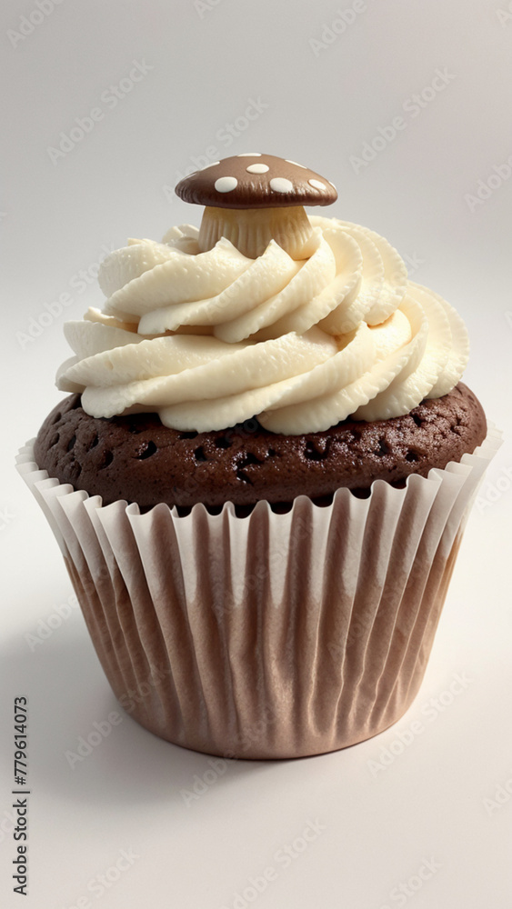 Chocolate cupcake with icing and sprinkles. Mushroom cupcake. The cupcake is interesting. Cupcake close up. Chocolate cupcake with icing and sprinkles. Mushroom cupcake. The cupcake is interesting. Cupcake close up.