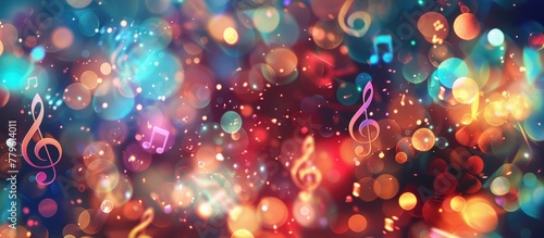 Music notes symbols on glowing blurred lights bokeh background. Concert, karaoke or performance concept banner photo