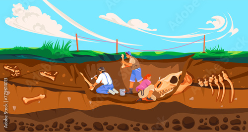 Archaeologist dig fossils. Archeological works, archaeology scientist digging fossil in soil, paleontology excavation study history artifacts discover, recent vector illustration