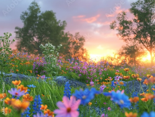 A field of flowers with a blue sky in the background. The sky is orange and pink, and the sun is setting. The flowers are in full bloom, and the scene is peaceful and serene