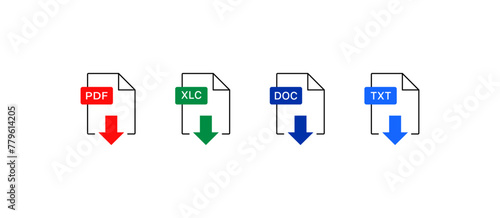 Files with arrow download icons. Flat, color, PDF, XLC, DOC, TXT files download. Vector icons