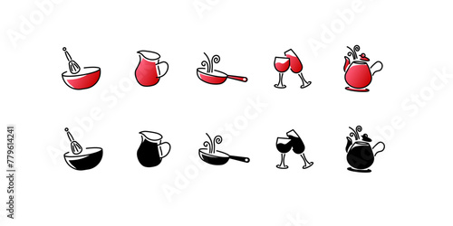 Kitchen utensils icon set. Different styles, mixer, decanter, frying pan, glasses, kettle set, kitchenware icons. Vector icons